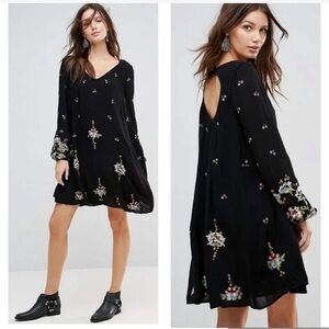 free People Oxford Embroidered Long Sleeves V-Neck  Mini Dress Sz M